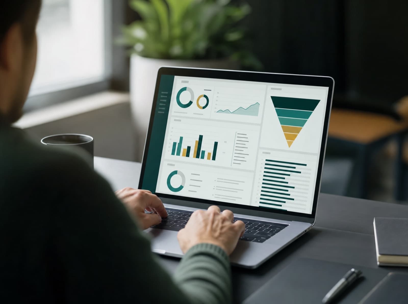 Pessoa diante de um notebook com um painel de indicadores e um funil de vendas na tela
