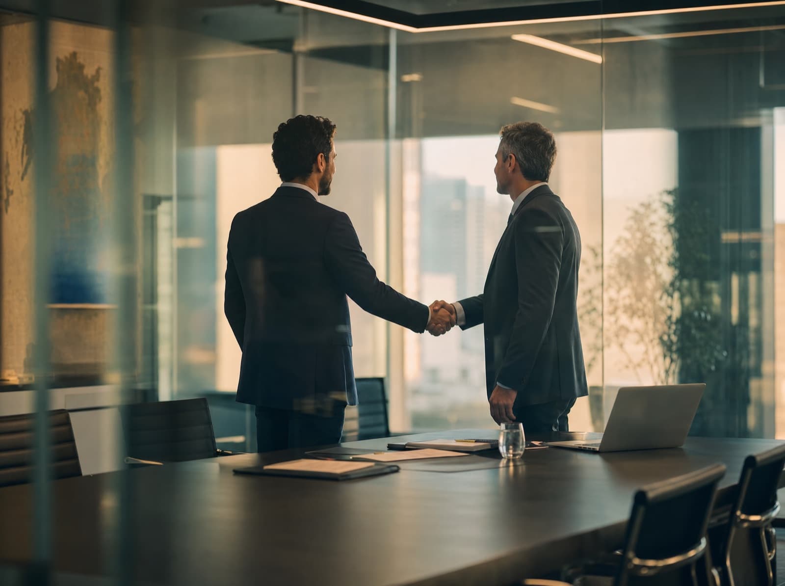 Dois executivos se cumprimentam com um aperto de mão em um escritório
