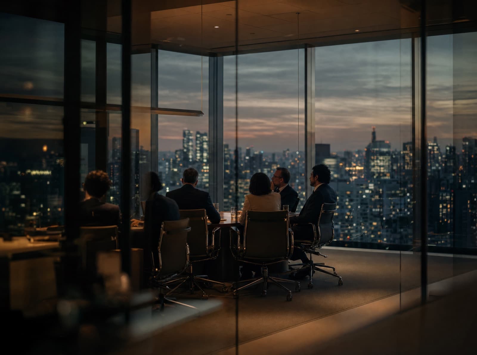 Sala de conselho com executivos em volta de uma mesa longa e a cidade ao fundo, à noite