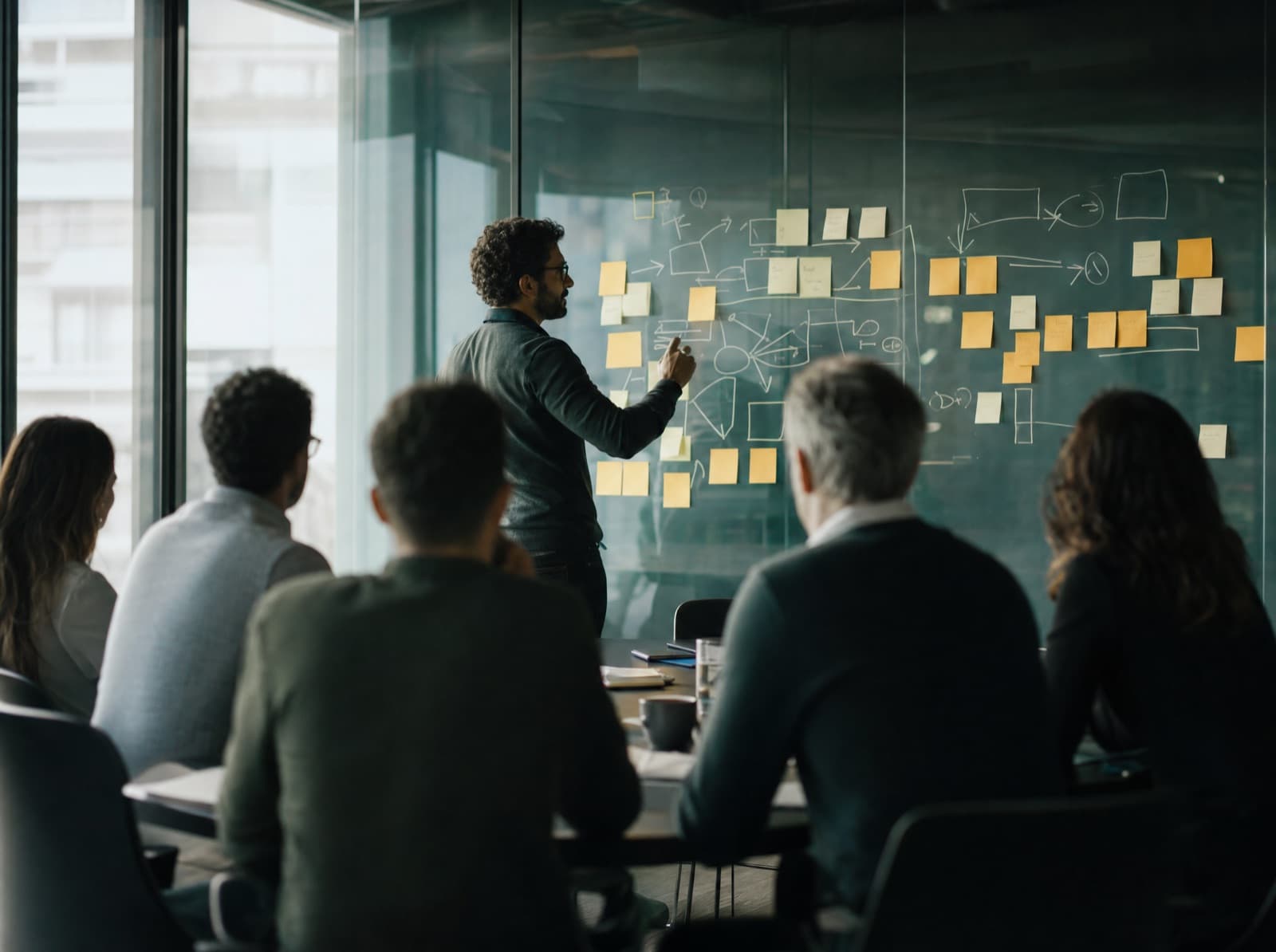 Equipe em uma sala de reunião acompanha um estrategista que organiza notas num quadro de vidro